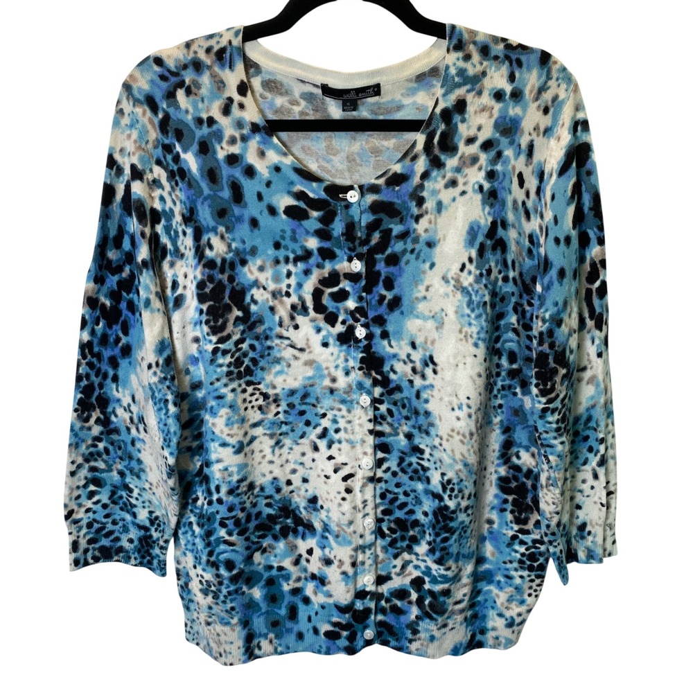 Willi Smith Animal Print Cardigan Women XL Blue 3/4 Sleeve Leopard Cheetah Work